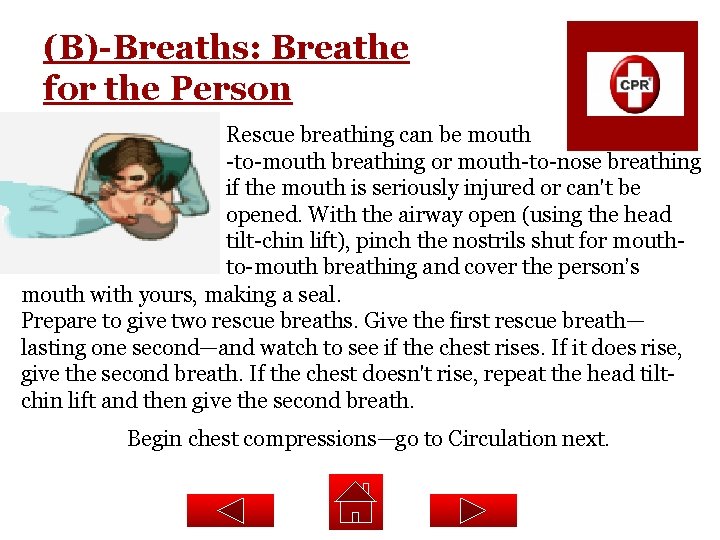 (B)-Breaths: Breathe for the Person Rescue breathing can be mouth -to-mouth breathing or mouth-to-nose