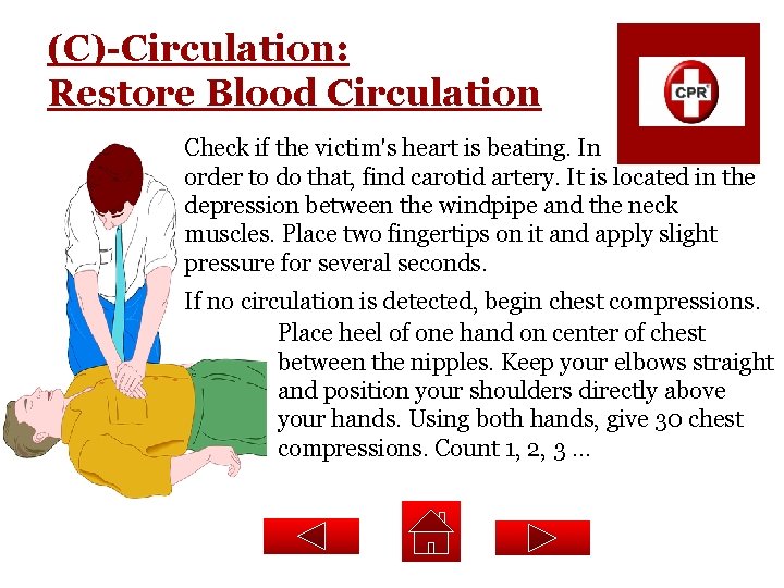 (C)-Circulation: Restore Blood Circulation Check if the victim's heart is beating. In order to