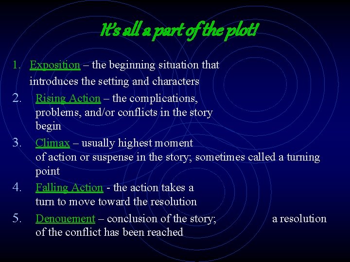 It’s all a part of the plot! 1. Exposition – the beginning situation that