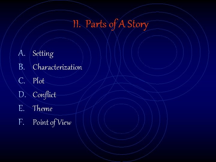 II. Parts of A Story A. B. C. D. E. F. Setting Characterization Plot