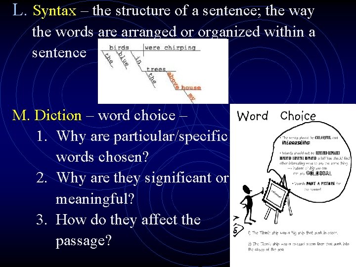 L. Syntax – the structure of a sentence; the way the words are arranged