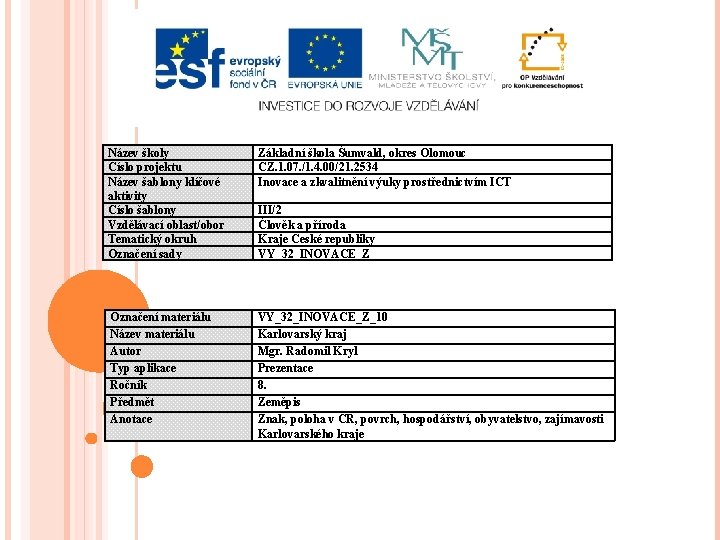 Název školy Číslo projektu Název šablony klíčové aktivity Číslo šablony Vzdělávací oblast/obor Tematický okruh