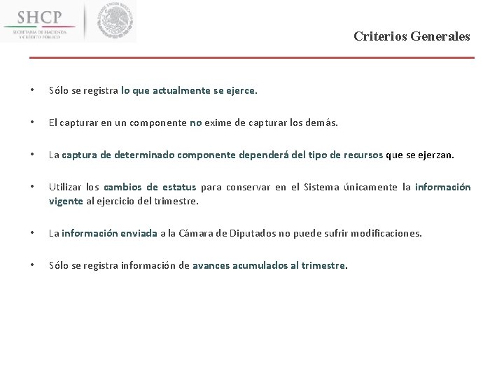 Criterios Generales • Sólo se registra lo que actualmente se ejerce. • El capturar