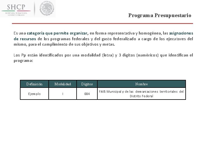 Programa Presupuestario Es una categoría que permite organizar, en forma representativa y homogénea, las