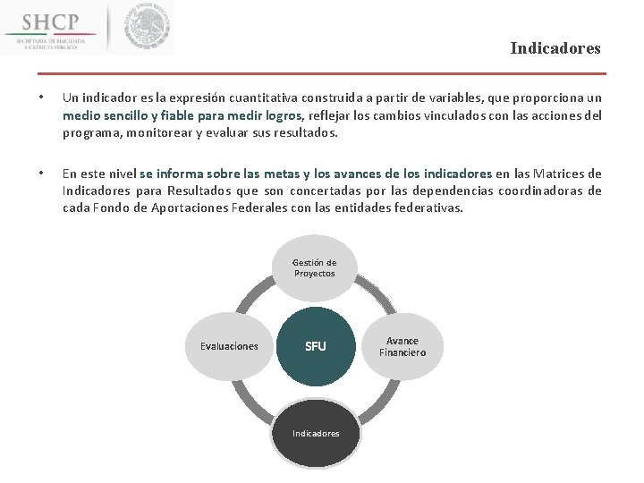 Indicadores • Un indicador es la expresión cuantitativa construida a partir de variables, que