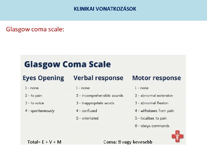 KLINIKAI VONATKOZÁSOK Glasgow coma scale: Total= E + V + M Coma: 8 vagy