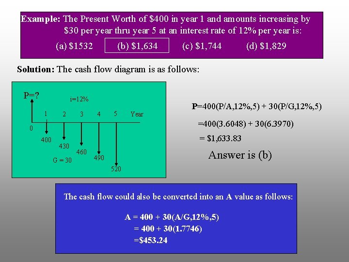 Example: The Present Worth of $400 in year 1 and amounts increasing by $30