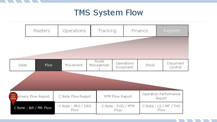 TMS System Flow Masters Sales Flow Operations Movement Tracking Route Managemen t Finance Operations