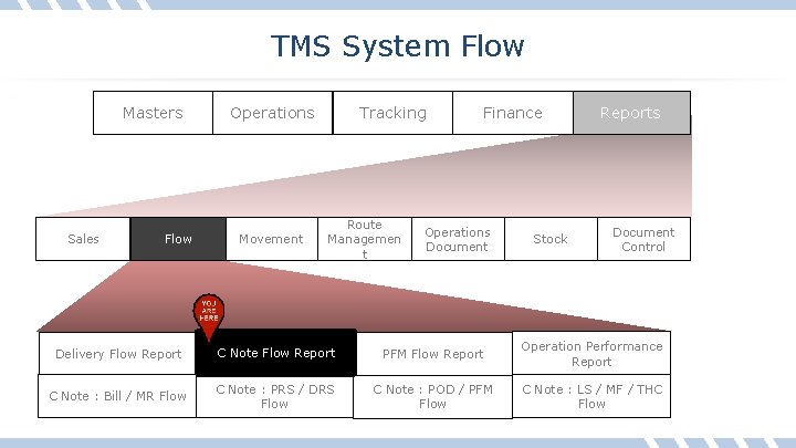 TMS System Flow Masters Sales Flow Operations Movement Tracking Route Managemen t Finance Operations