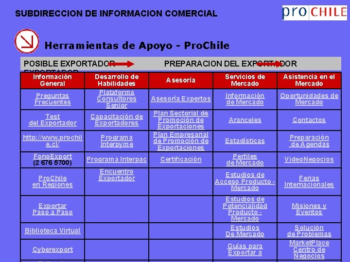 SUBDIRECCION DE INFORMACION COMERCIAL Herramientas de Apoyo - Pro. Chile POSIBLE EXPORTADOR PREPARACION DEL