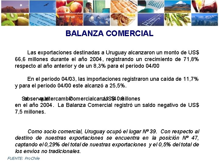 BALANZA COMERCIAL Las exportaciones destinadas a Uruguay alcanzaron un monto de US$ 66, 6