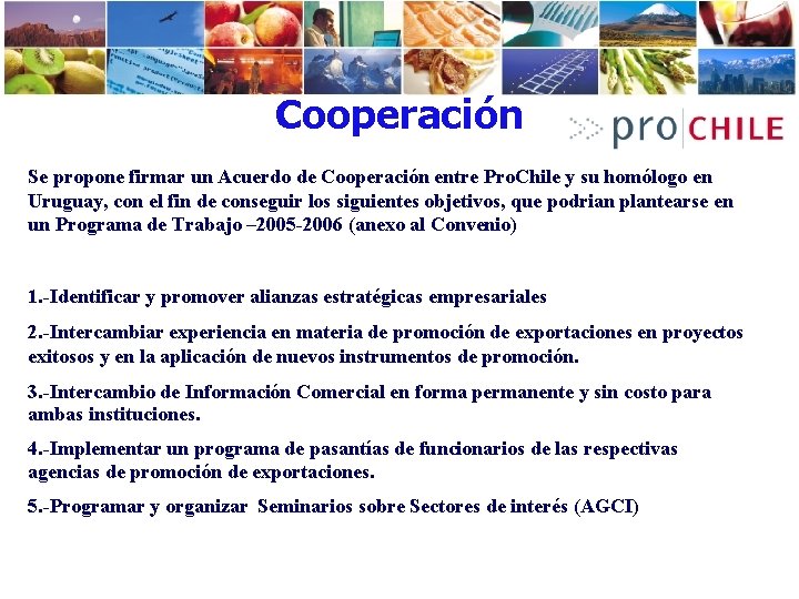 Cooperación Se propone firmar un Acuerdo de Cooperación entre Pro. Chile y su homólogo