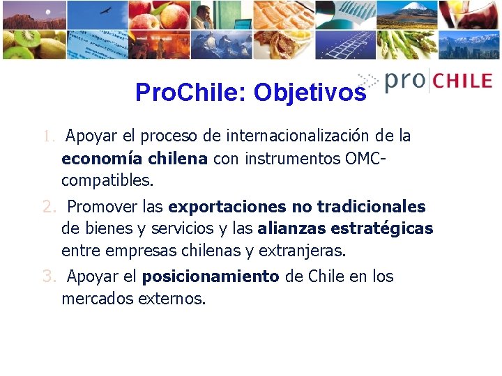 Pro. Chile: Objetivos 1. Apoyar el proceso de internacionalización de la economía chilena con