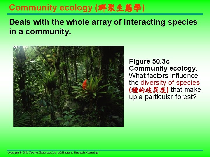 Community ecology (群聚生態學) Deals with the whole array of interacting species in a community.