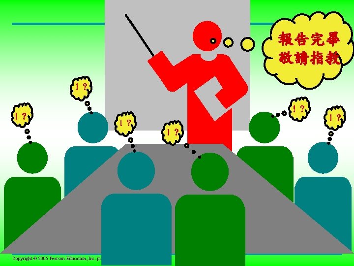 報告完畢 敬請指教 !? !? !? Copyright © 2005 Pearson Education, Inc. publishing as Benjamin 報告完畢 敬請指教 !? !? !? Copyright © 2005 Pearson Education, Inc. publishing as Benjamin