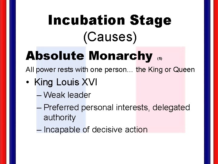 Incubation Stage (Causes) Absolute Monarchy (1) All power rests with one person… the King
