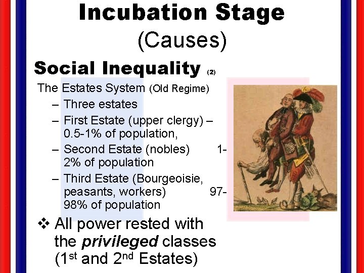 Incubation Stage (Causes) Social Inequality (2) The Estates System (Old Regime) – Three estates