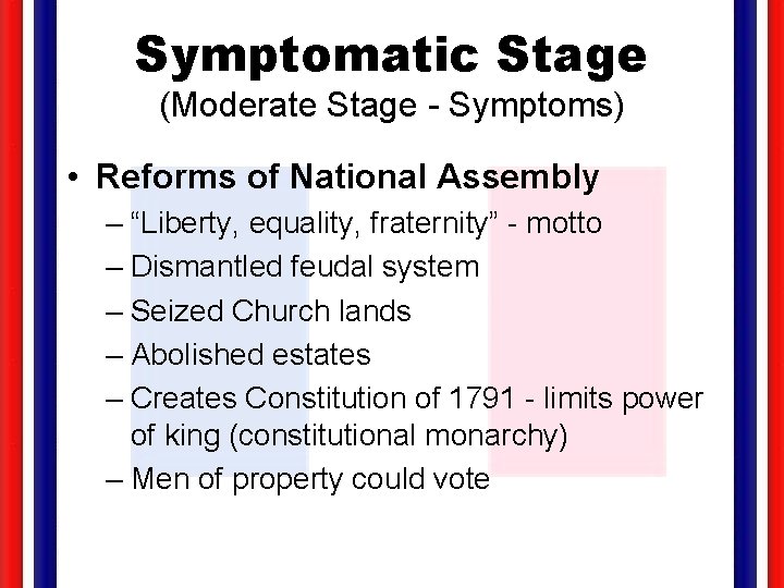 Symptomatic Stage (Moderate Stage - Symptoms) • Reforms of National Assembly – “Liberty, equality,