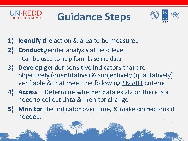 Guidance Steps 1) Identify the action & area to be measured 2) Conduct gender