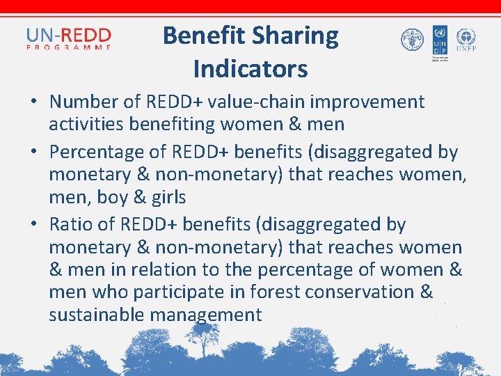 Benefit Sharing Indicators • Number of REDD+ value-chain improvement activities benefiting women & men