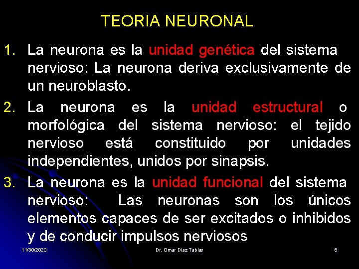 TEORIA NEURONAL 1. La neurona es la unidad genética del sistema nervioso: La neurona TEORIA NEURONAL 1. La neurona es la unidad genética del sistema nervioso: La neurona