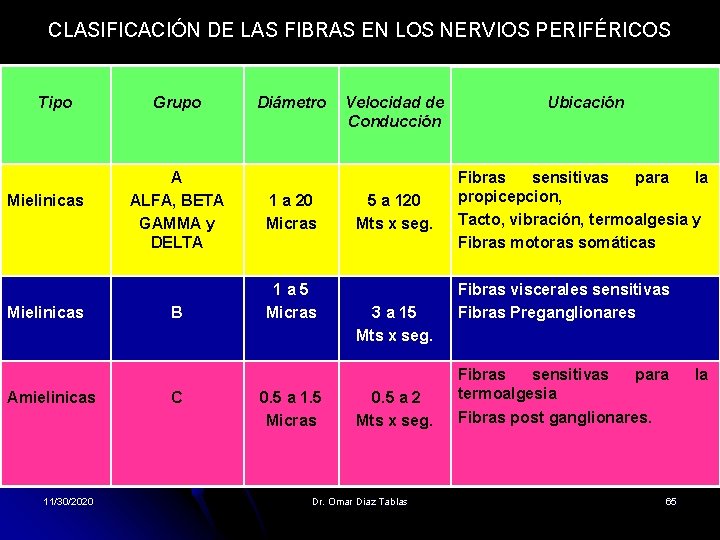 CLASIFICACIÓN DE LAS FIBRAS EN LOS NERVIOS PERIFÉRICOS Tipo Mielinicas Amielinicas 11/30/2020 Grupo A CLASIFICACIÓN DE LAS FIBRAS EN LOS NERVIOS PERIFÉRICOS Tipo Mielinicas Amielinicas 11/30/2020 Grupo A