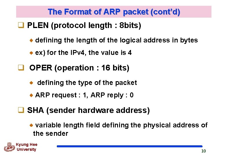 The Format of ARP packet (cont’d) q PLEN (protocol length : 8 bits) defining The Format of ARP packet (cont’d) q PLEN (protocol length : 8 bits) defining