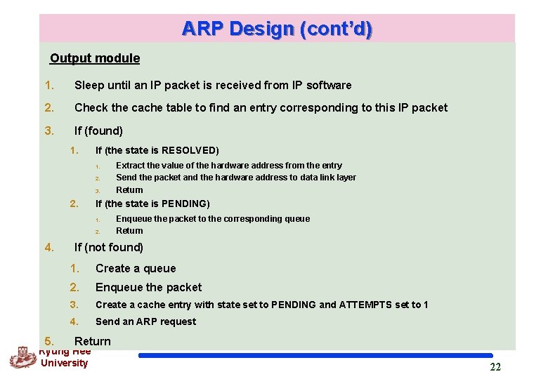 ARP Design (cont’d) Output module 1. Sleep until an IP packet is received from ARP Design (cont’d) Output module 1. Sleep until an IP packet is received from
