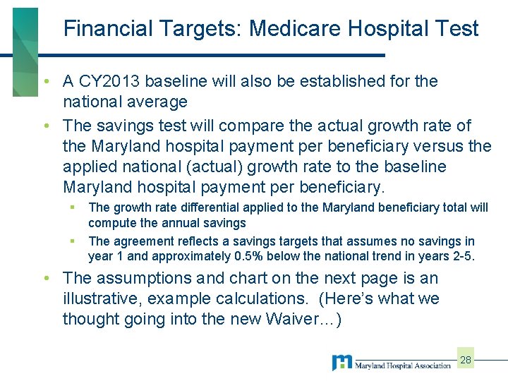 Financial Targets: Medicare Hospital Test • A CY 2013 baseline will also be established