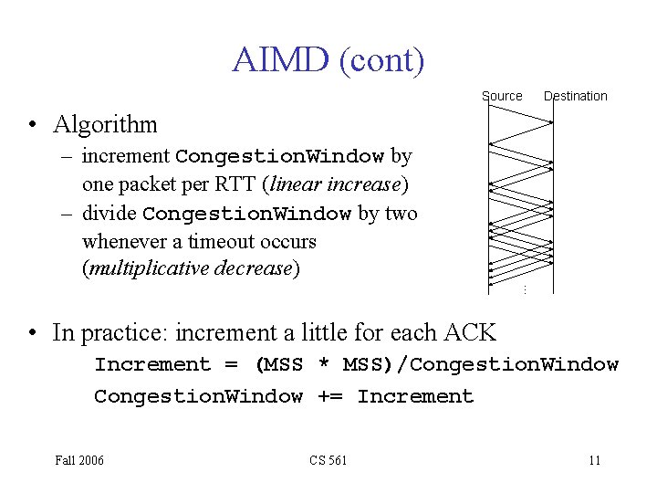 AIMD (cont) Source Destination • Algorithm … – increment Congestion. Window by one packet