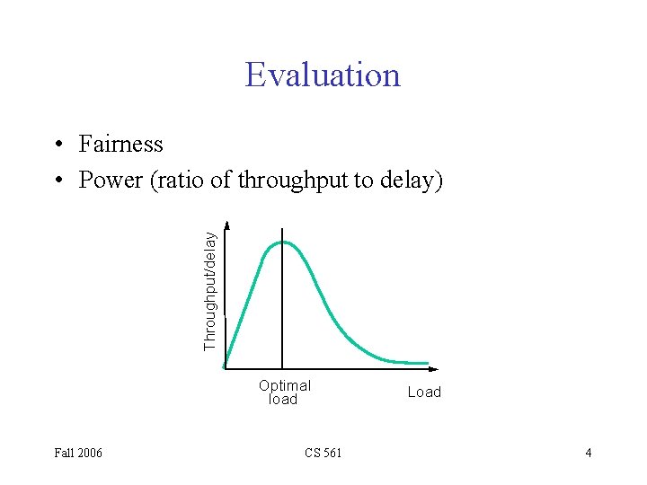 Evaluation Throughput/delay • Fairness • Power (ratio of throughput to delay) Optimal load Fall