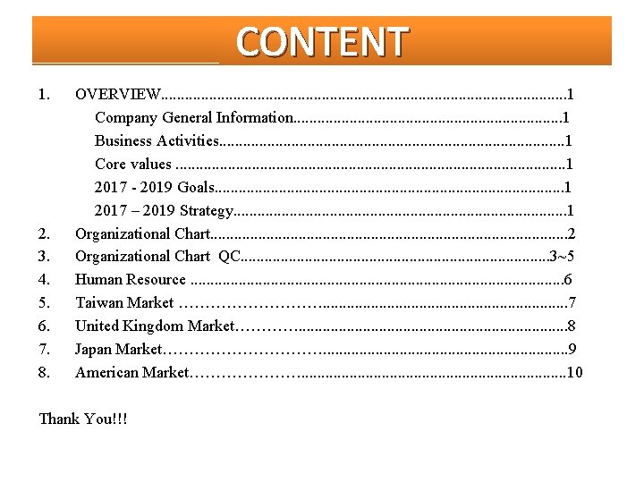 CONTENT 1. OVERVIEW. . . . . . . 1 Company General Information. .