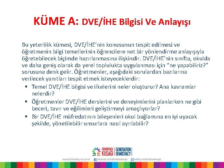 KÜME A: DVE/İHE Bilgisi Ve Anlayışı Bu yeterlilik kümesi, DVE/İHE’nin konusunun tespit edilmesi ve