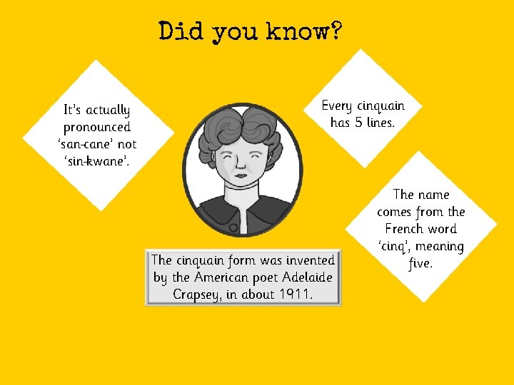 Did you know? It’s actually pronounced ‘san cane’ not ‘sin kwane’. Every cinquain has