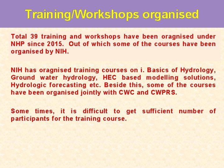 Training/Workshops organised Total 39 training and workshops have been oragnised under NHP since 2015.