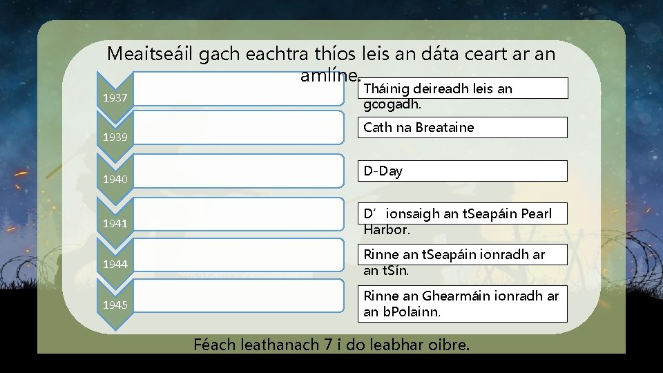 Meaitseáil gach eachtra thíos leis an dáta ceart ar an amlíne. 1937 1939 1940
