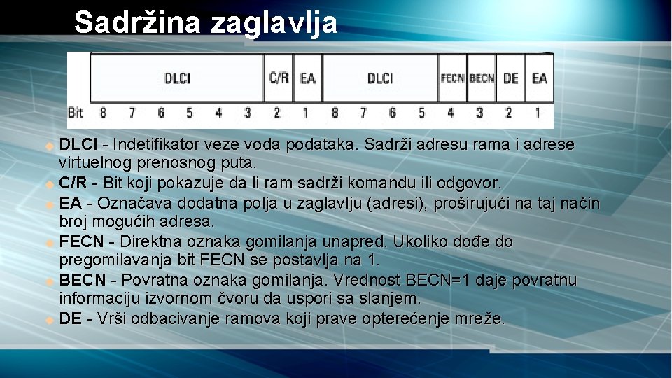 Sadržina zaglavlja DLCI - Indetifikator veze voda podataka. Sadrži adresu rama i adrese virtuelnog