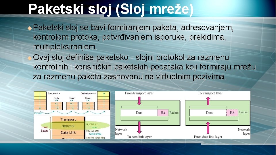 Paketski sloj (Sloj mreže) Paketski sloj se bavi formiranjem paketa, adresovanjem, kontrolom protoka, potvrđivanjem