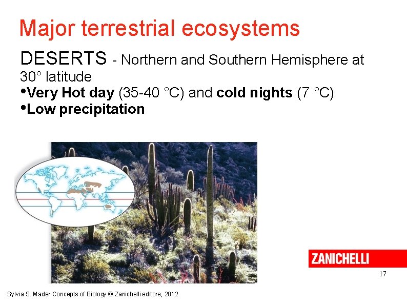 Major terrestrial ecosystems DESERTS - Northern and Southern Hemisphere at 30° latitude • Very