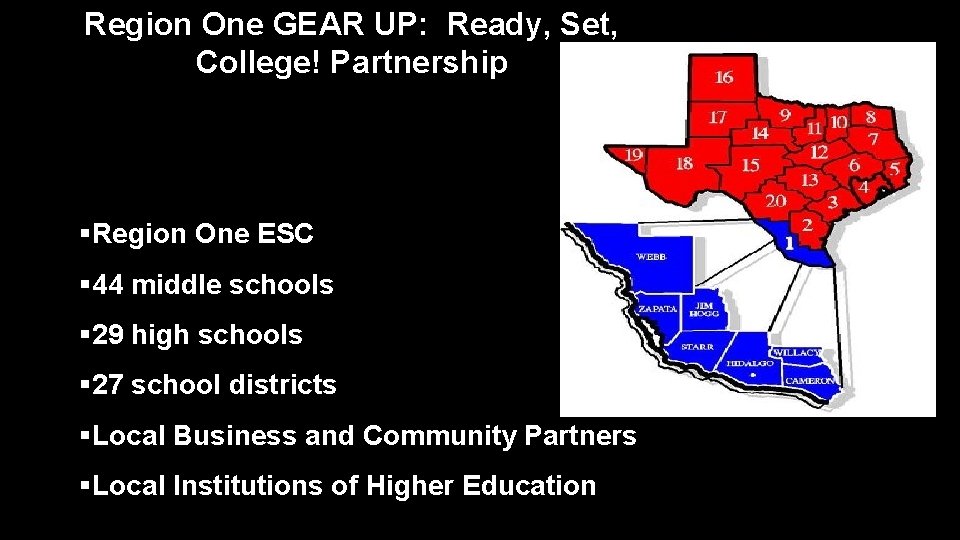 Region One GEAR UP: Ready, Set, College! Partnership is a partnership between: §Region One