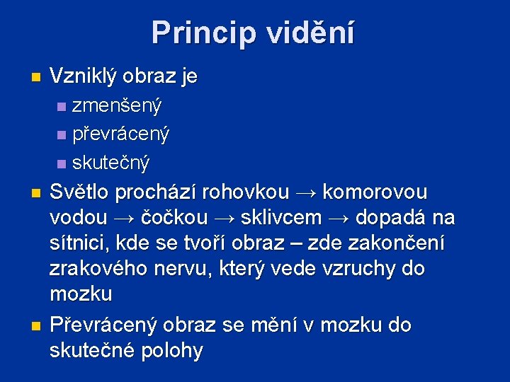 Princip vidění n Vzniklý obraz je zmenšený n převrácený n skutečný n n n