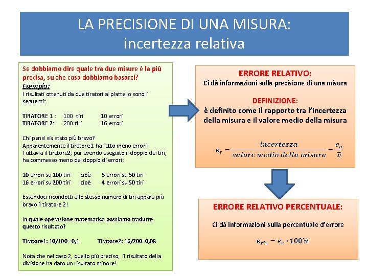 LA PRECISIONE DI UNA MISURA: incertezza relativa Se dobbiamo dire quale tra due misure LA PRECISIONE DI UNA MISURA: incertezza relativa Se dobbiamo dire quale tra due misure