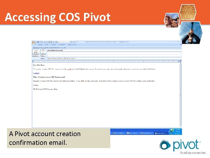 Accessing COS Pivot A Pivot account creation confirmation email. 