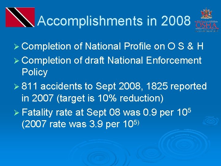 Accomplishments in 2008 Ø Completion of National Profile on O S & H Ø