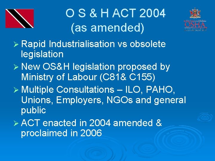 O S & H ACT 2004 (as amended) Ø Rapid Industrialisation vs obsolete legislation