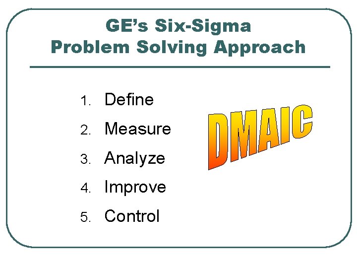 GE’s Six-Sigma Problem Solving Approach 1. Define 2. Measure 3. Analyze 4. Improve 5.
