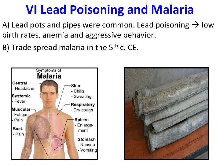 VI Lead Poisoning and Malaria A) Lead pots and pipes were common. Lead poisoning