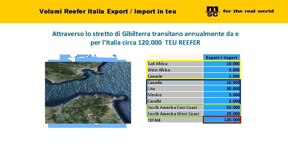 Volumi Reefer Italia Export / Import in teu Attraverso lo stretto di Gibilterra transitano Volumi Reefer Italia Export / Import in teu Attraverso lo stretto di Gibilterra transitano