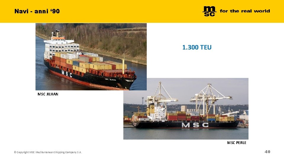 Navi - anni ‘ 90 1. 300 TEU MSC JILHAN MSC PERLE © Copyright Navi - anni ‘ 90 1. 300 TEU MSC JILHAN MSC PERLE © Copyright