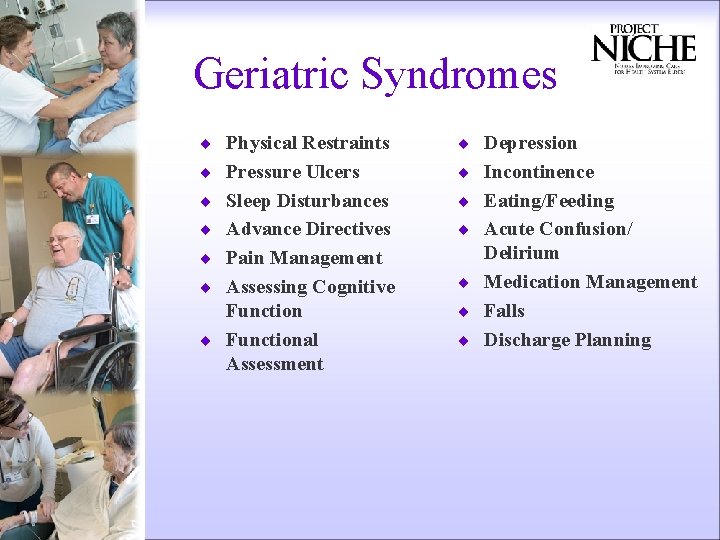Geriatric Syndromes ¨ Physical Restraints ¨ Depression ¨ Pressure Ulcers ¨ Incontinence ¨ Sleep